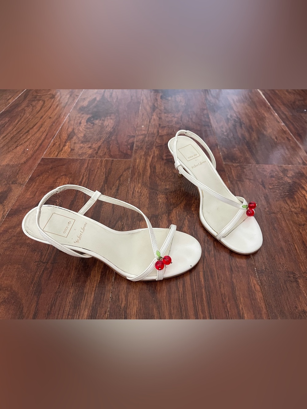 For Love And Lemons White Strappy Heeled Sandals with Cherry Accent